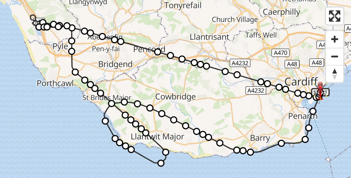 Flight route Air Ambulance Helicopter Cardiff Heliport - Cardiff Heliport, 22 August 2026, 13:13