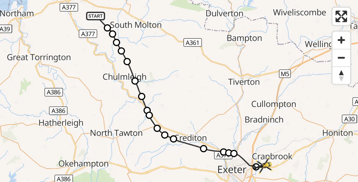 Flight route Police Helicopter Swimbridge - Exeter International Airport, 22 August 2026, 13:16