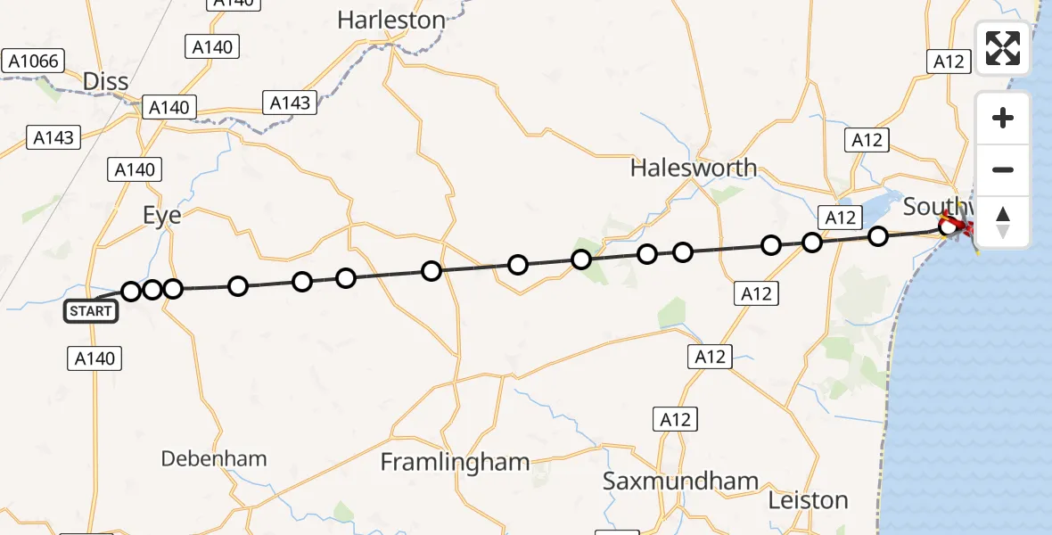 Flight route Air Ambulance Helicopter Mid Suffolk - Southwold, 22 August 2026, 13:17