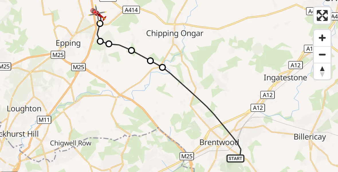 Flight route Air Ambulance Helicopter Brentwood - North Weald Airfield, 22 August 2026, 13:19