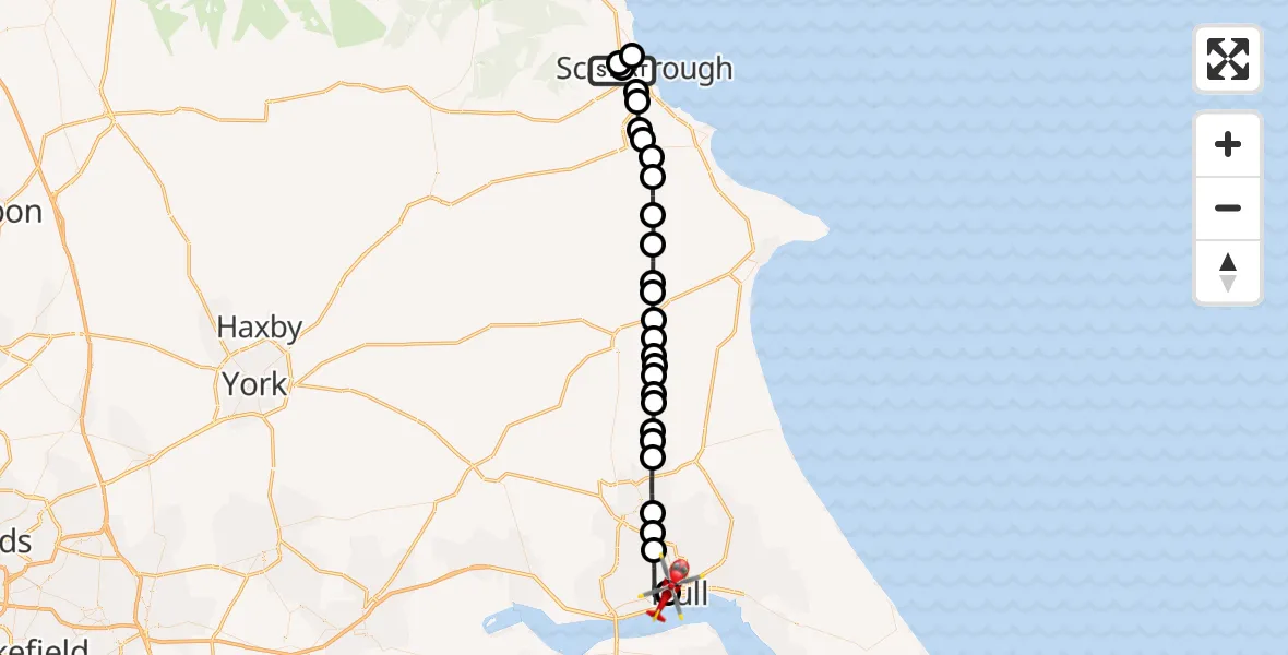 Flight route Air Ambulance Helicopter Newby - Hull Royal Infirmary, 22 August 2026, 13:20