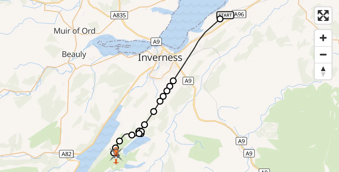 Flight route Coastguard Helicopter Inverness Airport - Highland, 22 August 2026, 13:22