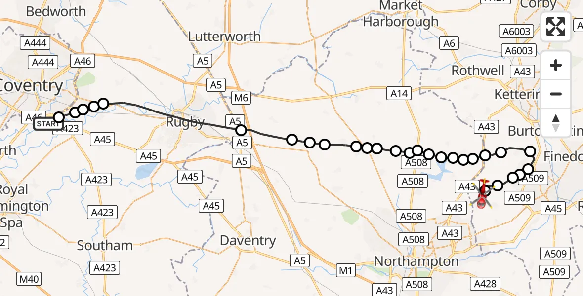 Flight route Air Ambulance Helicopter Coventry Airport - Sywell Aerodrome, 22 August 2026, 13:30