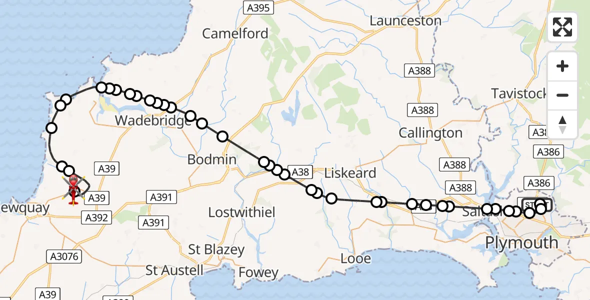 Flight route Air Ambulance Helicopter Derriford Hospital - Cornwall Airport Newquay, 22 August 2026, 13:35