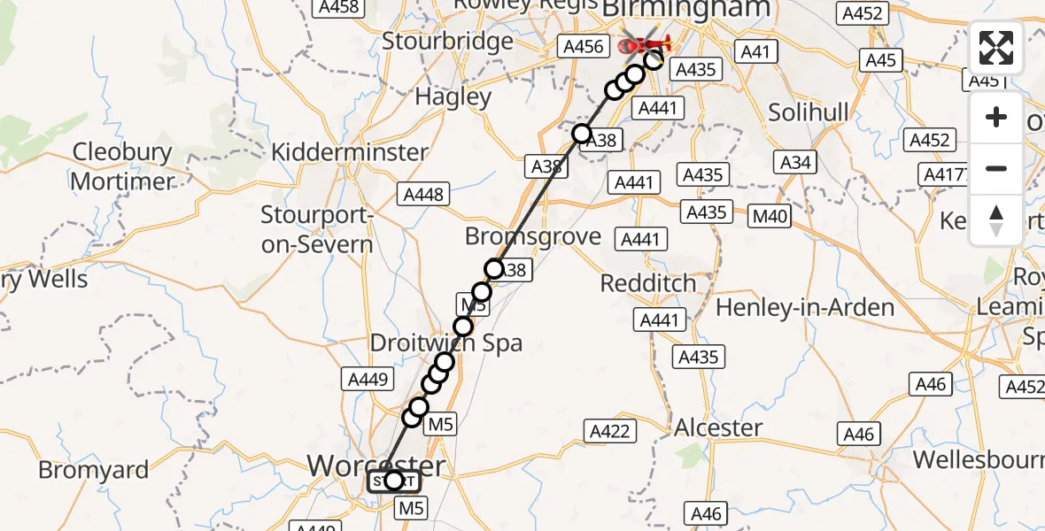 Flight route Air Ambulance Helicopter Worcester - Metchley, 22 August 2026, 13:35