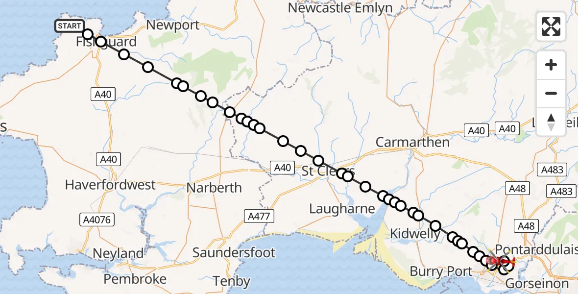 Flight route Air Ambulance Helicopter Pencaer - Dafen, 22 August 2026, 13:41