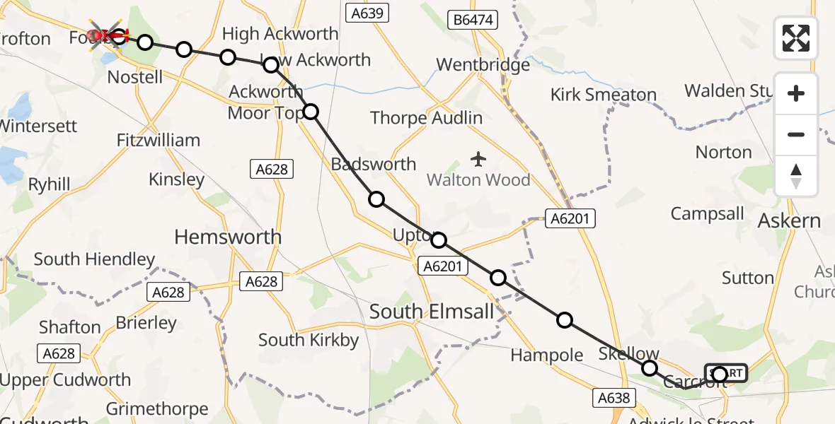 Flight route Air Ambulance Helicopter Carcroft - YAA Nostell Helicopter Port, 22 August 2026, 13:45