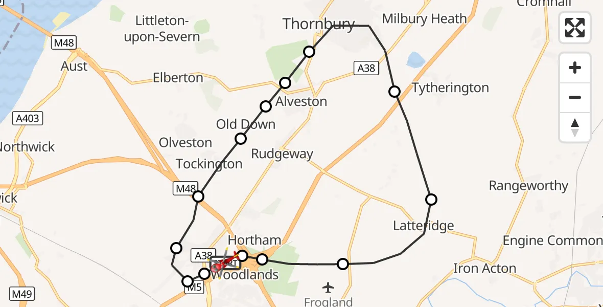 Flight route Air Ambulance Helicopter Almondsbury Helicopter Base - Almondsbury Helicopter Base, 22 August 2026, 13:45
