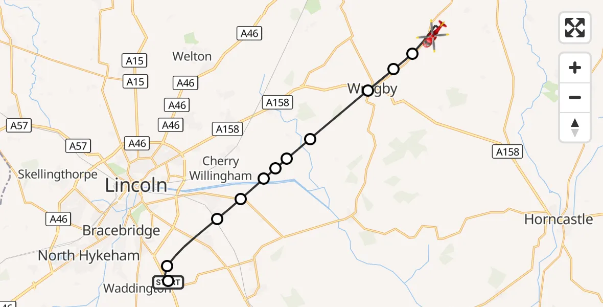 Flight route Air Ambulance Helicopter RAF Waddington - East Barkwith, 22 August 2026, 13:56