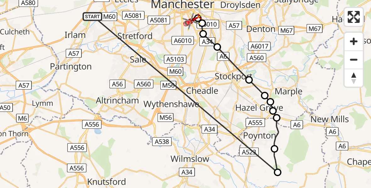 Flight route Air Ambulance Helicopter Manchester Barton Aerodrome - Chorlton-on-Medlock, 22 August 2026, 13:59