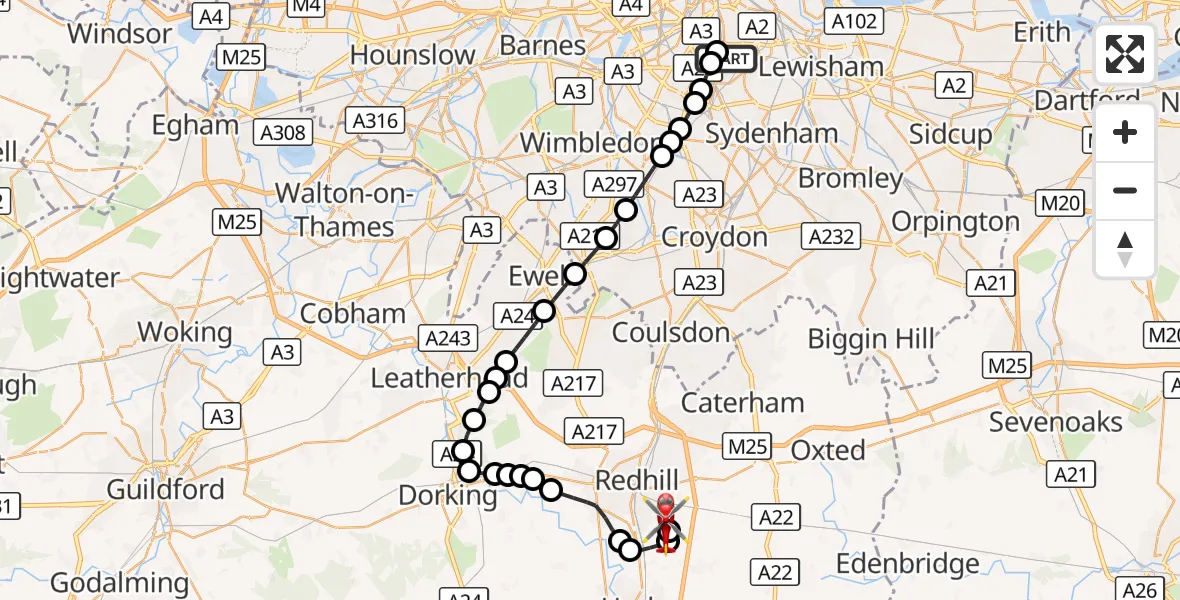 Flight route Air Ambulance Helicopter Kings College London Hospital - Redhill Aerodrome, 22 August 2026, 14:04