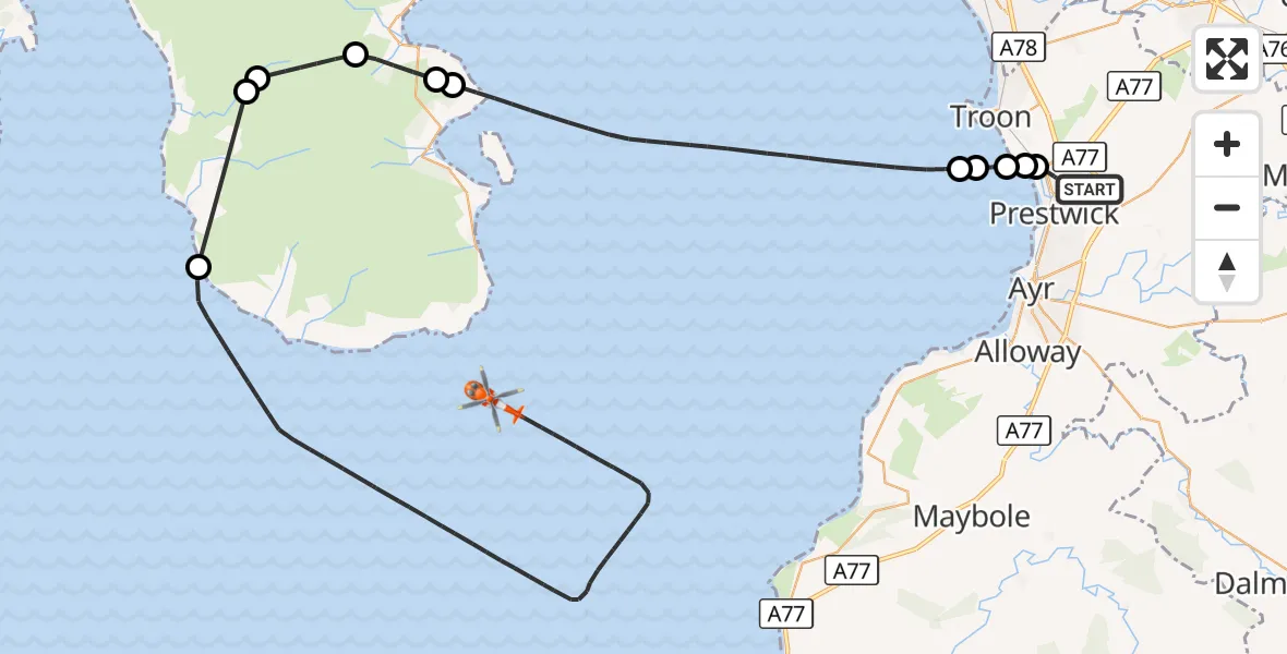 Flight route Coastguard Helicopter Glasgow Prestwick Airport - Inner Seas, 22 August 2026, 14:05