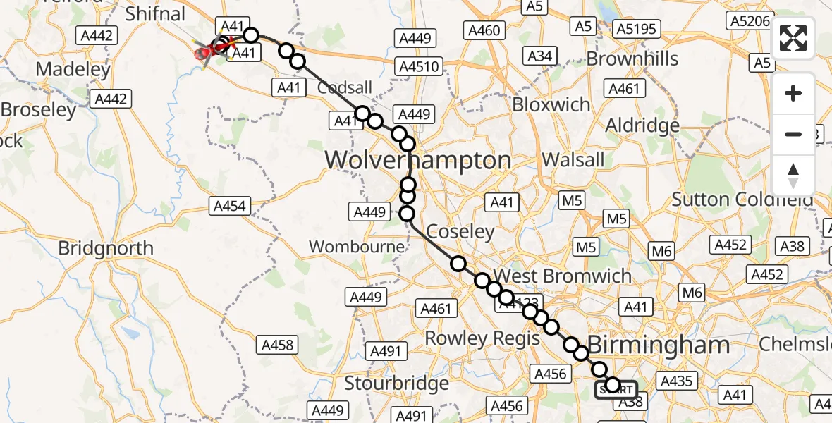 Flight route Air Ambulance Helicopter Queen Elizabeth Hospital Helipad - Shifnal, 22 August 2026, 14:09