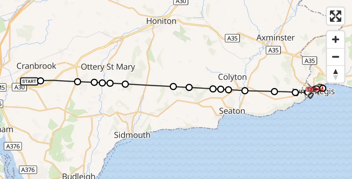 Flight route Air Ambulance Helicopter Exeter International Airport - Lyme Regis, 22 August 2026, 14:22