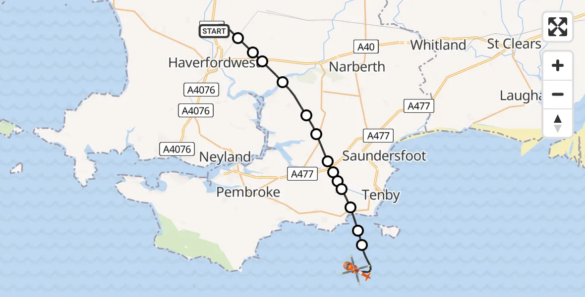 Flight route Coastguard Helicopter Haverfordwest Airport - Bristol Channel, 22 August 2026, 14:26