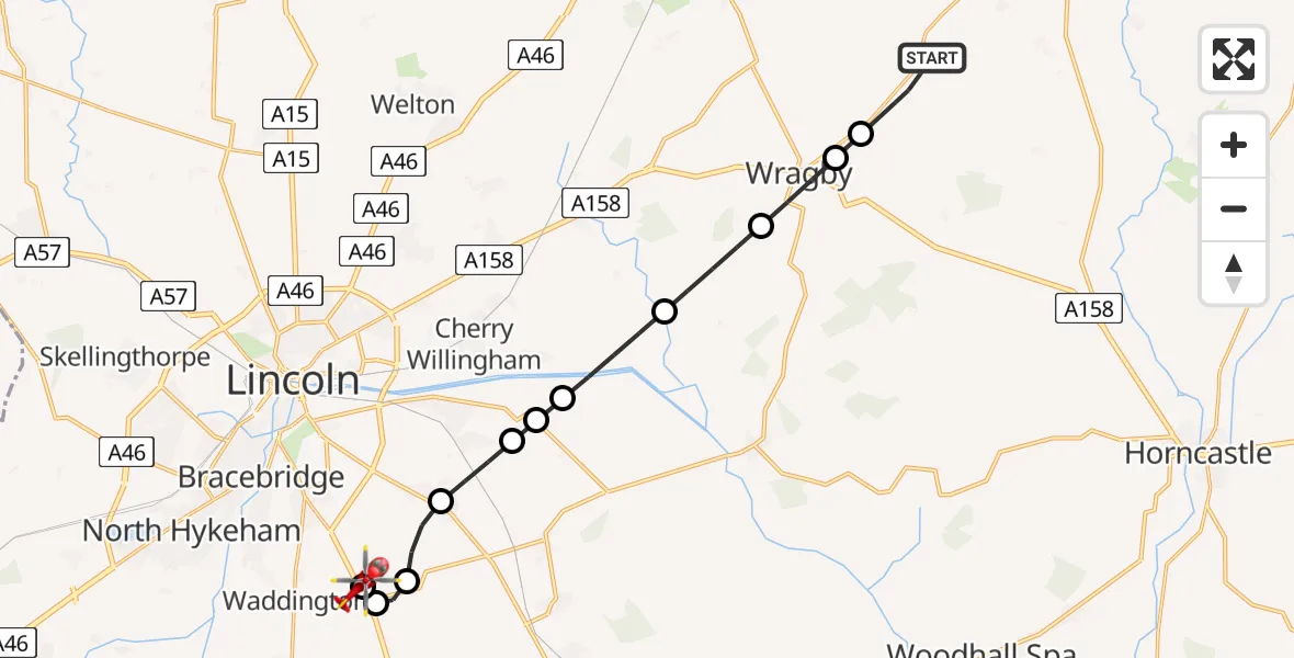 Flight route Air Ambulance Helicopter East Barkwith - North Kesteven, 22 August 2026, 14:38