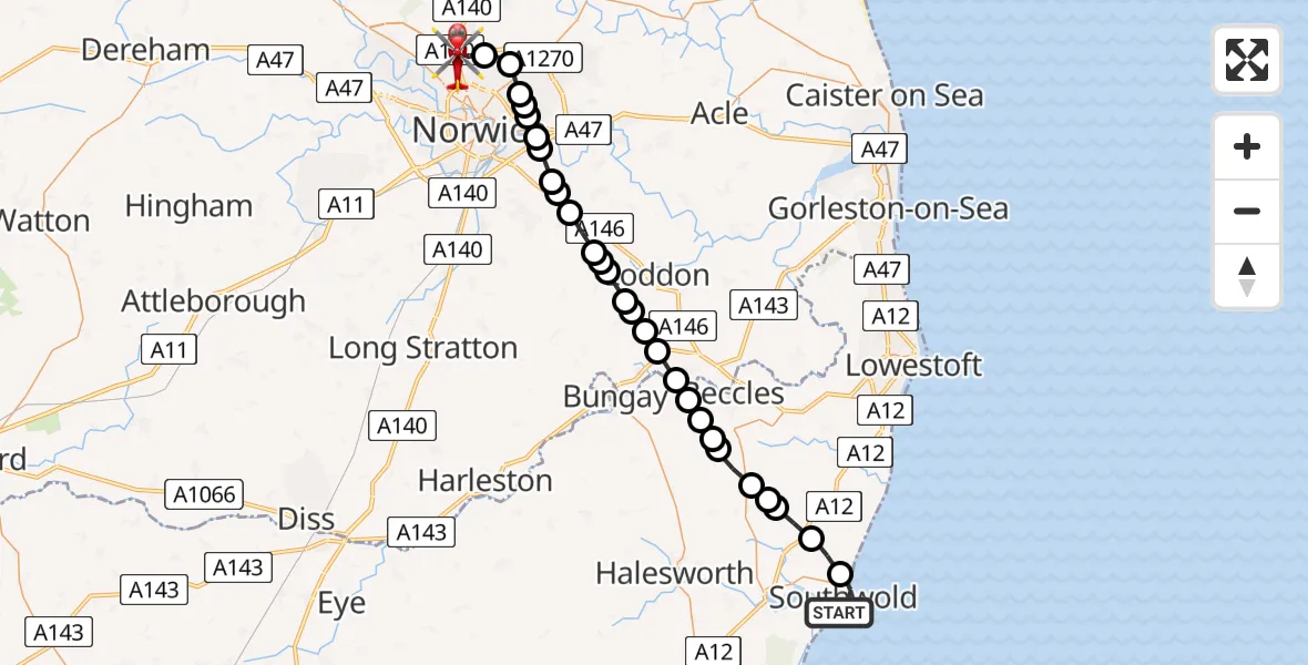 Flight route Air Ambulance Helicopter Southwold - Norwich Airport, 22 August 2026, 14:45