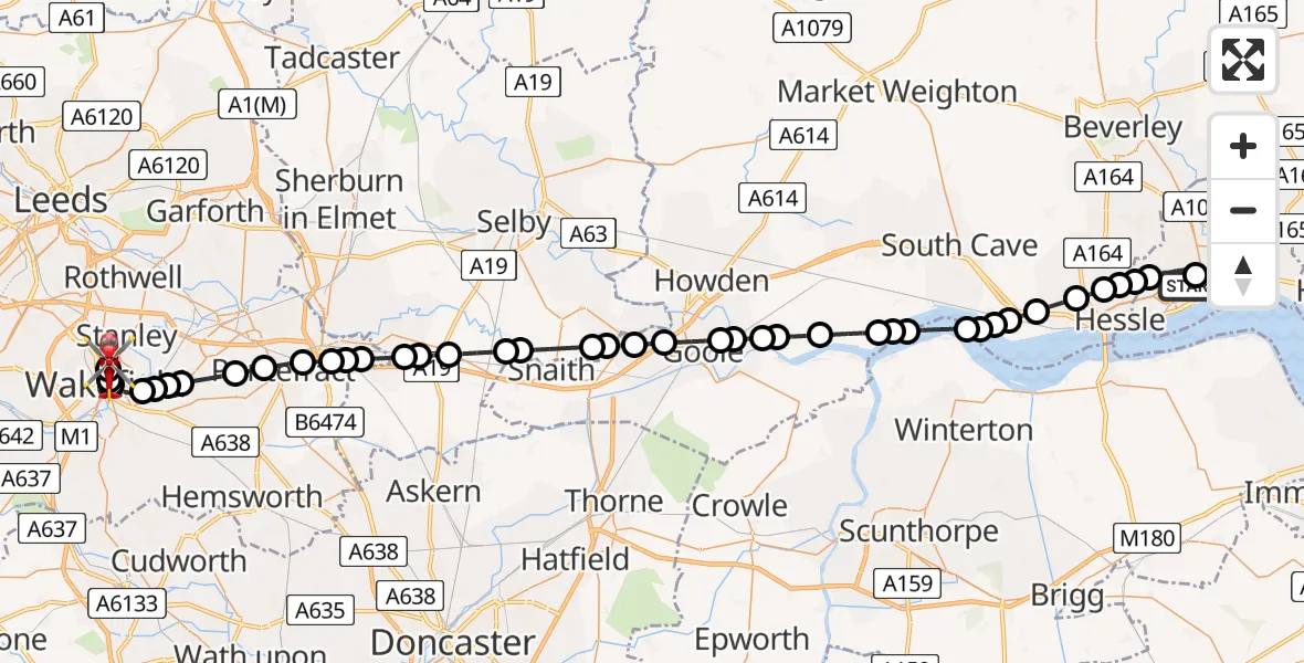 Flight route Air Ambulance Helicopter Hull Royal Infirmary - Stanley, 22 August 2026, 14:49