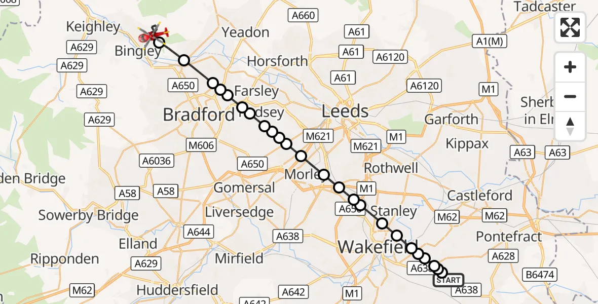 Flight route Air Ambulance Helicopter YAA Nostell Helicopter Port - Bingley, 22 August 2026, 14:56
