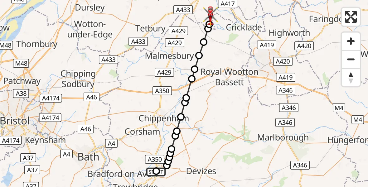 Flight route Air Ambulance Helicopter Wiltshire Air Ambulance - Somerford Keynes, 22 August 2026, 14:57
