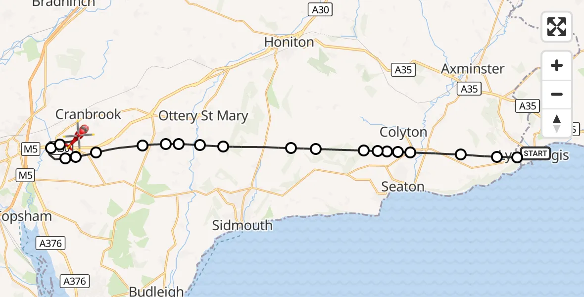 Flight route Air Ambulance Helicopter Lyme Regis - Exeter International Airport, 22 August 2026, 15:05