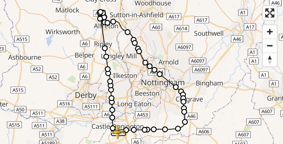 Flight route Police Aircraft East Midlands Airport - East Midlands Airport, 22 August 2026, 15:10