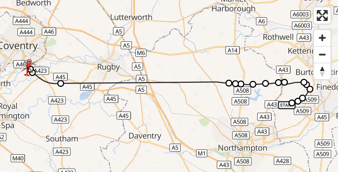 Flight route Air Ambulance Helicopter Mears Ashby - Coventry Airport, 22 August 2026, 15:14