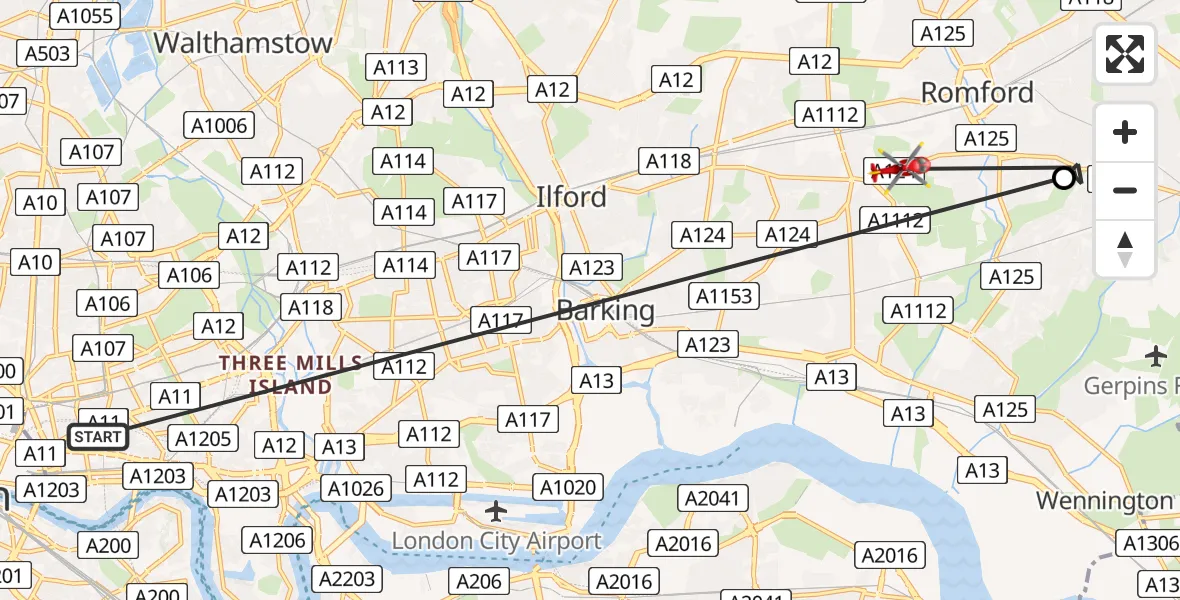 Flight route Air Ambulance Helicopter Royal London Hospital - Rush Green, 22 August 2026, 15:17