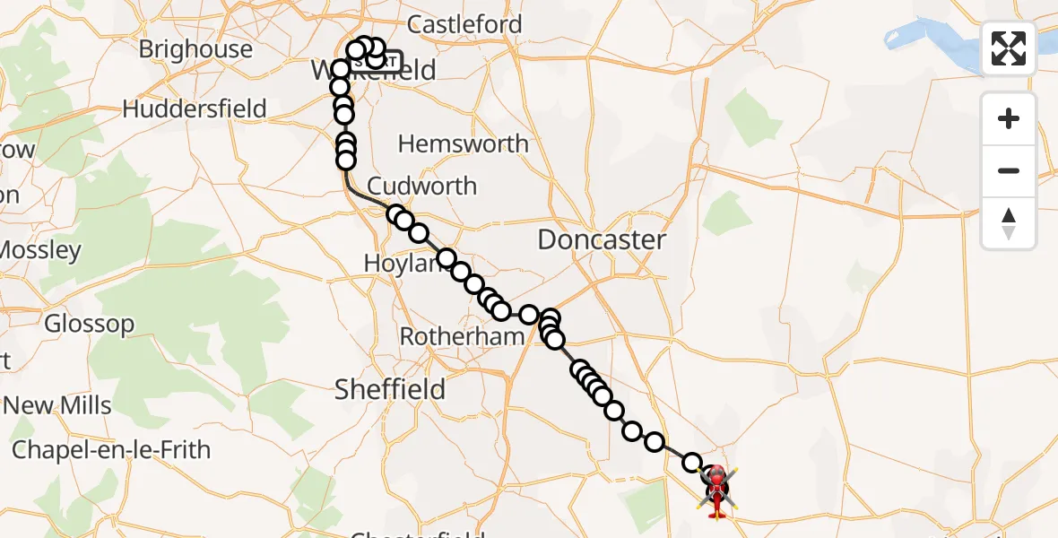 Flight route Air Ambulance Helicopter Newton Hill - Retford Gamston Airport, 22 August 2026, 15:32