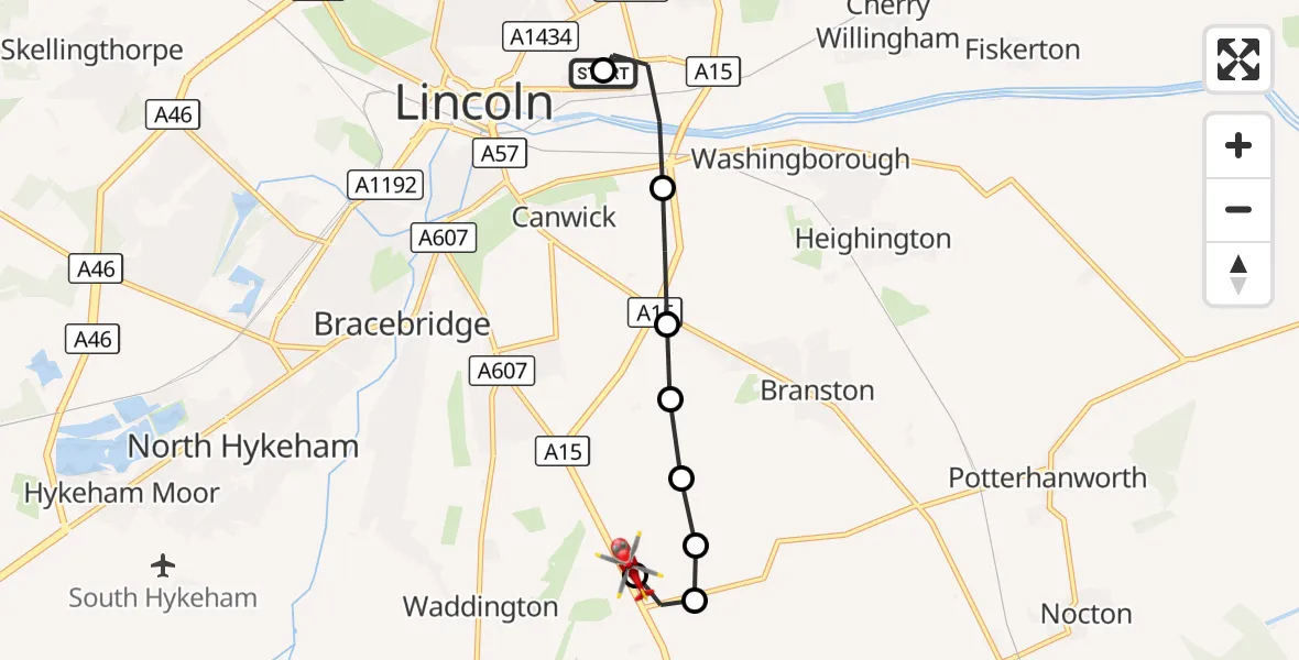 Flight route Air Ambulance Helicopter Lincoln County Trauma Unit - North Kesteven, 22 August 2026, 15:34