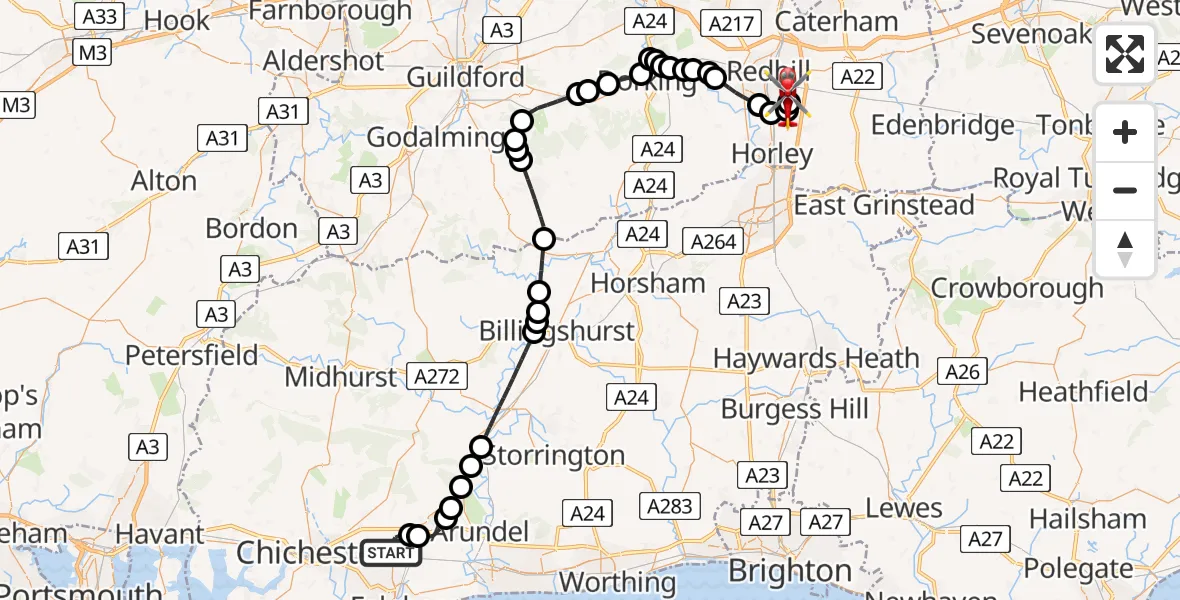 Flight route Air Ambulance Helicopter Westergate - Redhill Aerodrome, 22 August 2026, 15:38