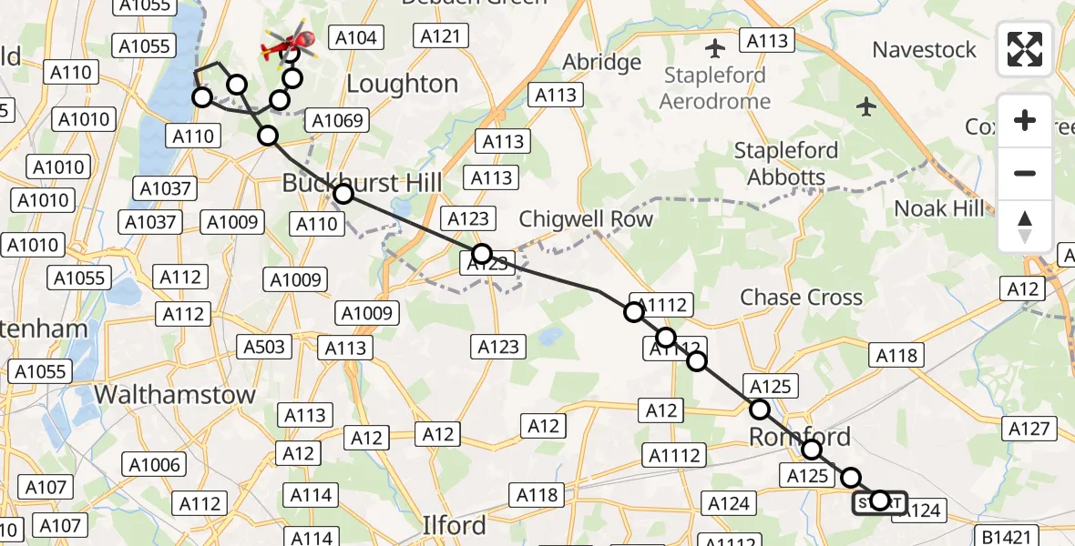 Flight route Air Ambulance Helicopter Hornchurch - Metropolitan Police Air Support Unit Lippitts Hill, 22 August 2026, 15:57