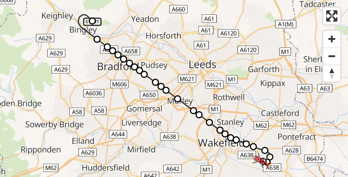 Flight route Air Ambulance Helicopter Bingley - YAA Nostell Helicopter Port, 22 August 2026, 15:59