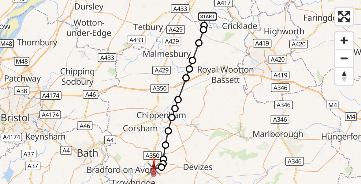 Flight route Air Ambulance Helicopter Somerford Keynes - Wiltshire Air Ambulance, 22 August 2026, 16:05