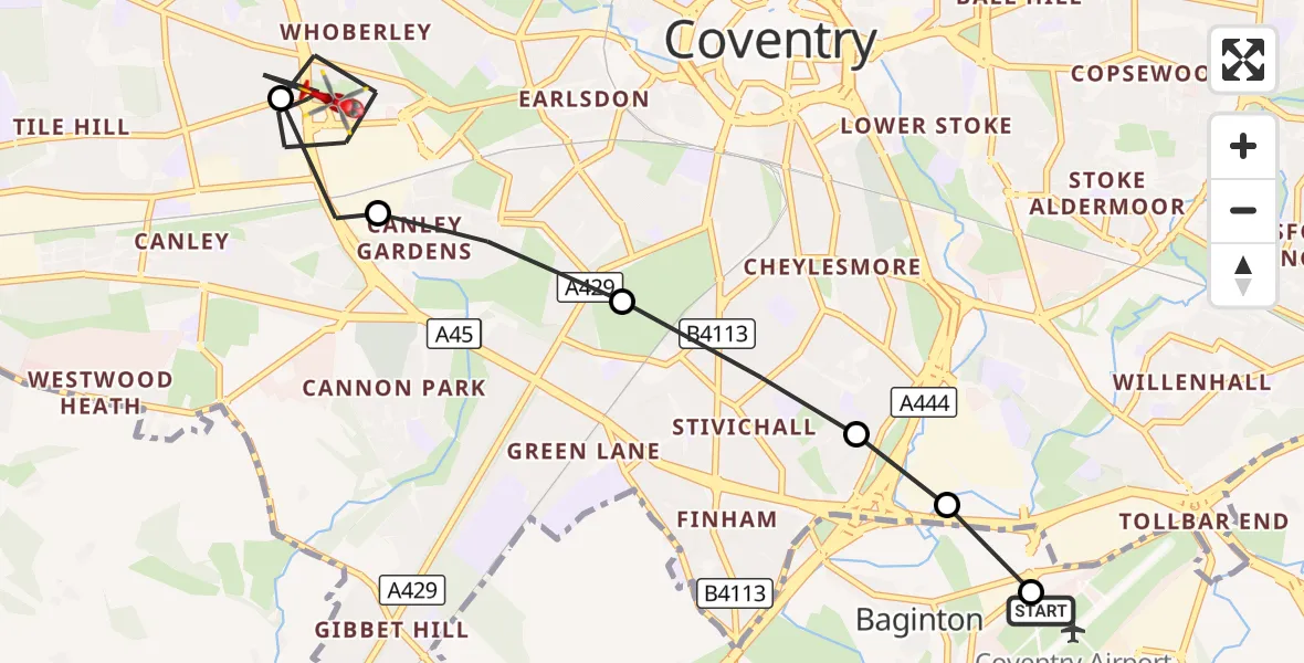 Flight route Air Ambulance Helicopter Coventry Airport - Whoberley, 22 August 2026, 16:09