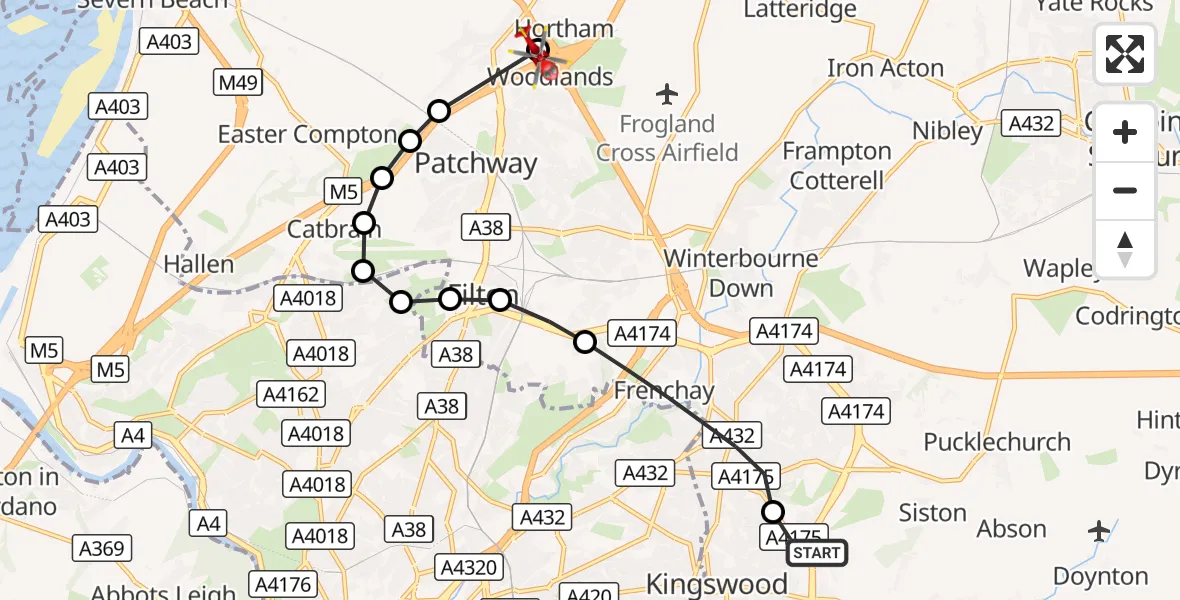 Flight route Air Ambulance Helicopter Warmley - Almondsbury Helicopter Base, 22 August 2026, 16:12