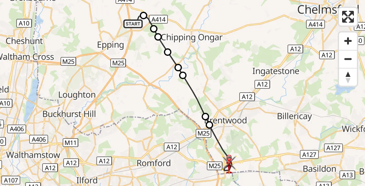Flight route Air Ambulance Helicopter North Weald Airfield - Brentwood, 22 August 2026, 16:21