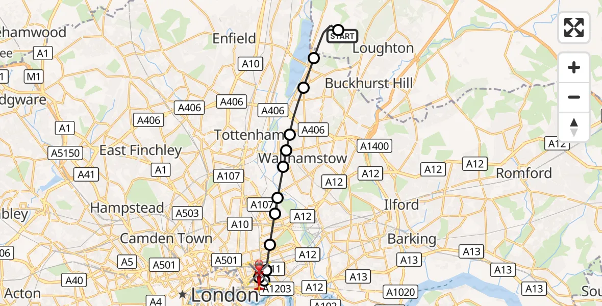 Flight route Air Ambulance Helicopter Metropolitan Police Air Support Unit Lippitts Hill - Royal London Hospital, 22 August 2026, 16:24