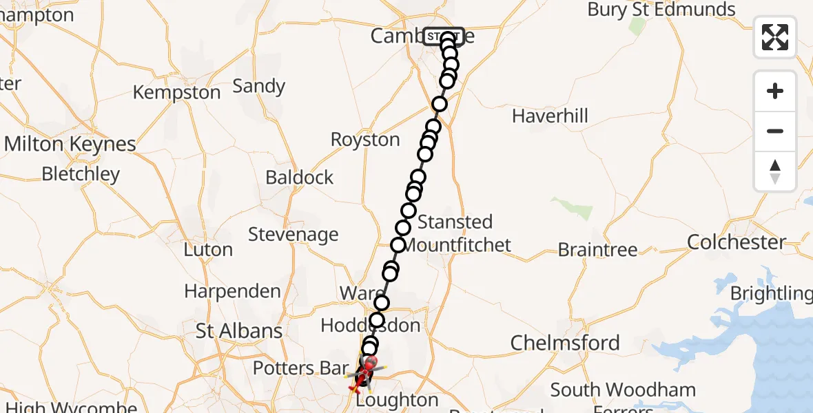 Flight route Air Ambulance Helicopter Cambridge City Airport - Waltham Cross, 22 August 2026, 16:49