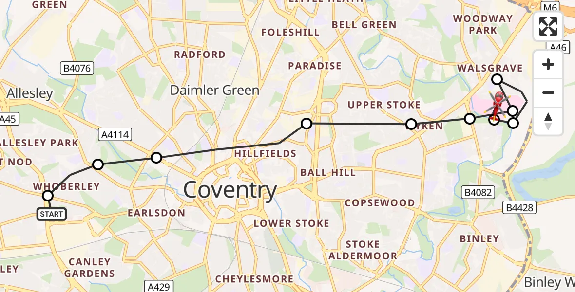 Flight route Air Ambulance Helicopter Whoberley - University Hospital Coventry, 22 August 2026, 16:58