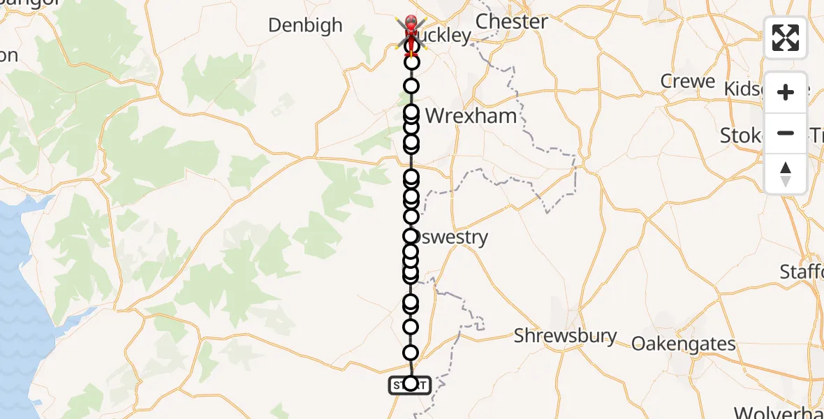 Flight route Air Ambulance Helicopter Welshpool Airport - Mold, 22 August 2026, 17:02