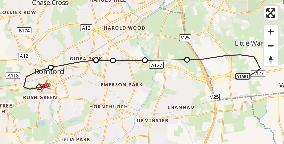 Flight route Air Ambulance Helicopter Brentwood - Queens Hospital Romford, 22 August 2026, 17:18