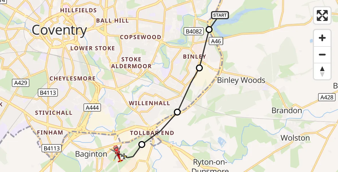 Flight route Air Ambulance Helicopter Rugby - Coventry Airport, 22 August 2026, 17:24