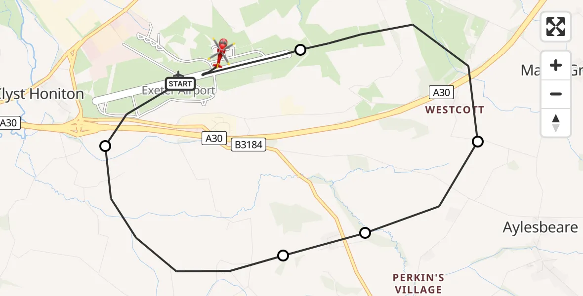 Flight route Air Ambulance Helicopter Exeter International Airport - Exeter International Airport, 22 August 2026, 17:49