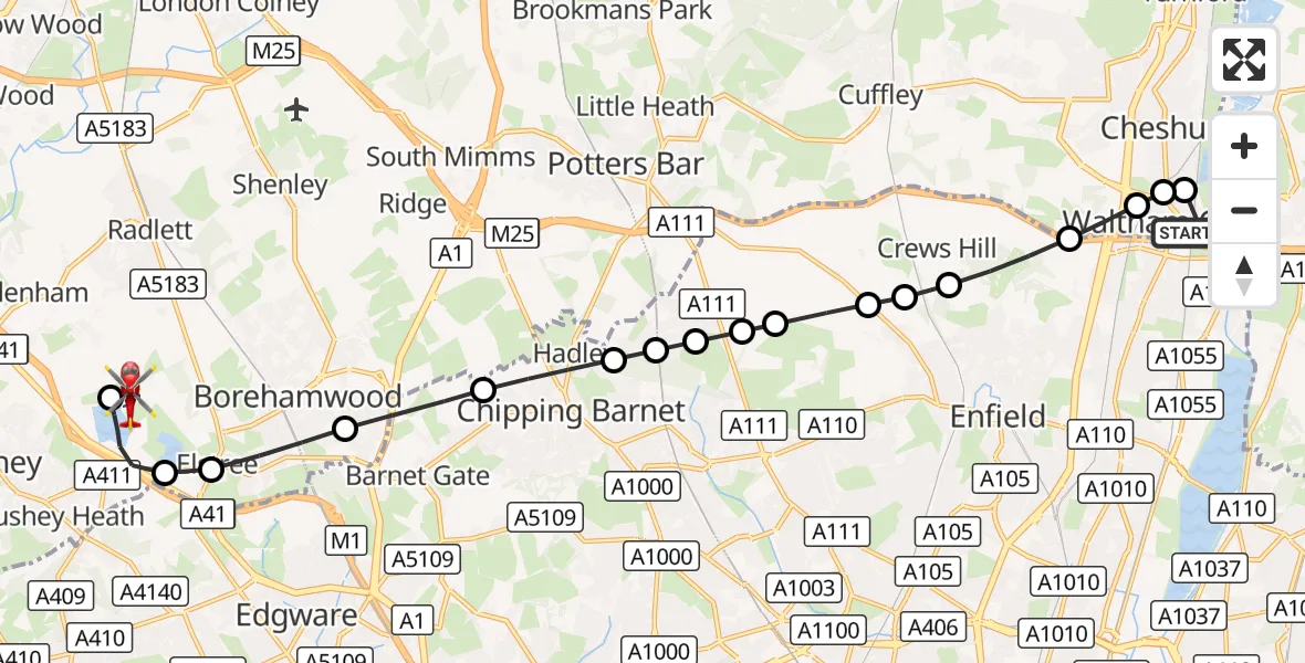 Flight route Air Ambulance Helicopter Waltham Cross - Elstree Airfield, 22 August 2026, 17:54