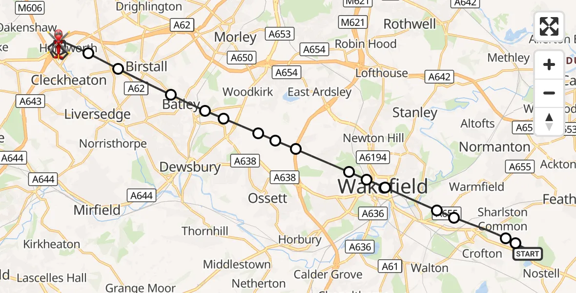 Flight route Air Ambulance Helicopter YAA Nostell Helicopter Port - Hunsworth, 22 August 2026, 17:59