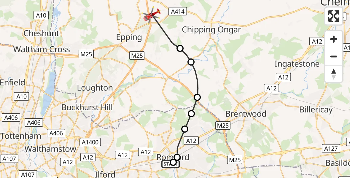 Flight route Air Ambulance Helicopter Queens Hospital Romford - North Weald Airfield, 22 August 2026, 18:04