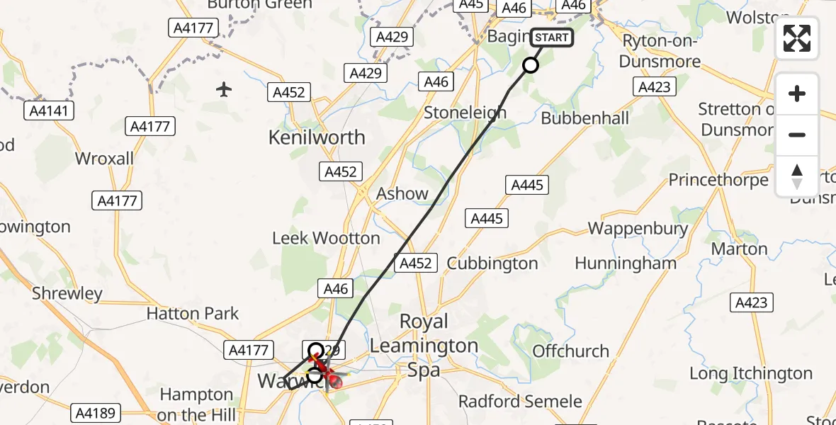 Flight route Air Ambulance Helicopter Coventry Airport - Warwick, 22 August 2026, 18:05