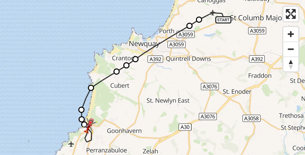 Flight route Air Ambulance Helicopter Cornwall Airport Newquay - Perranporth, 22 August 2026, 18:05