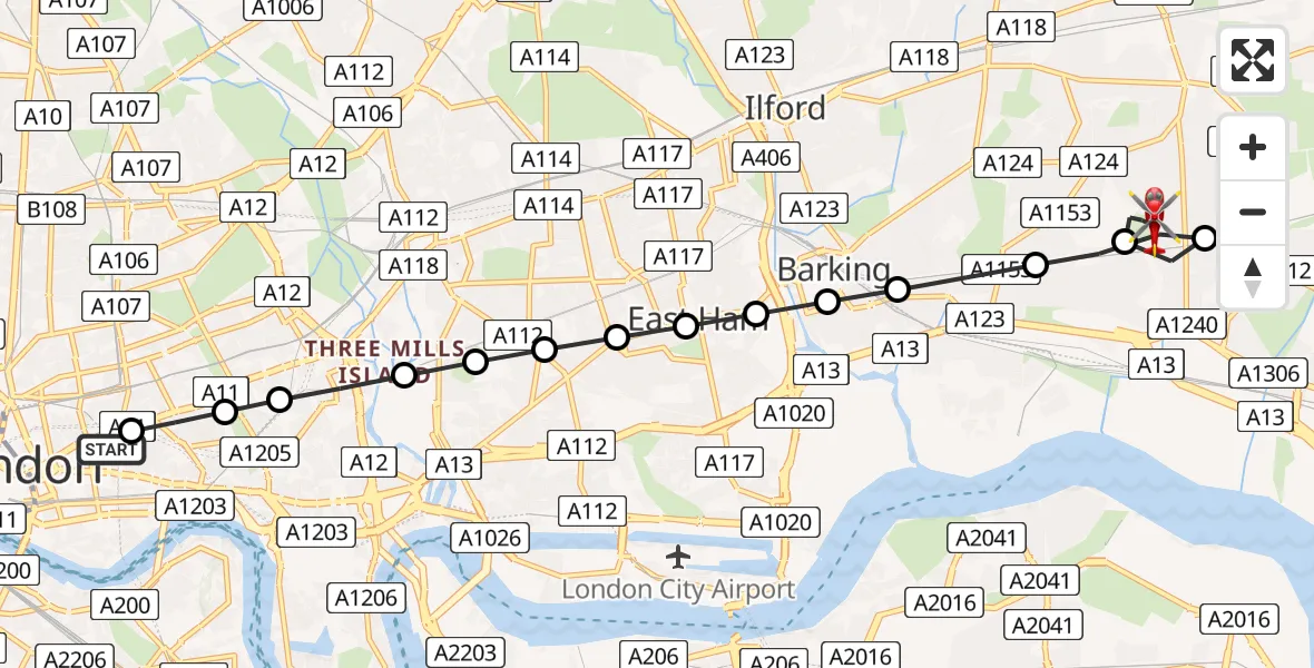 Flight route Air Ambulance Helicopter Royal London Hospital - Becontree, 22 August 2026, 18:18